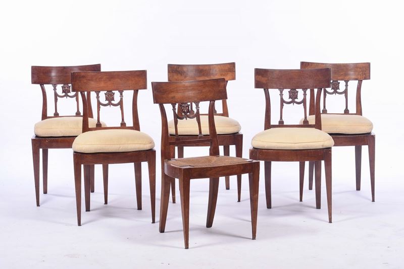 Sei sedie Direttorio in noce, XVIII-XIX secolo  - Auction Fine art - II - Cambi Casa d'Aste