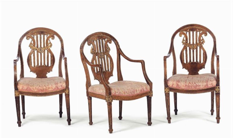 Tre poltrone Luigi XVI con schienale a lira in legno dorato, Veneto inizio XIX secolo  - Auction Fine art - II - Cambi Casa d'Aste