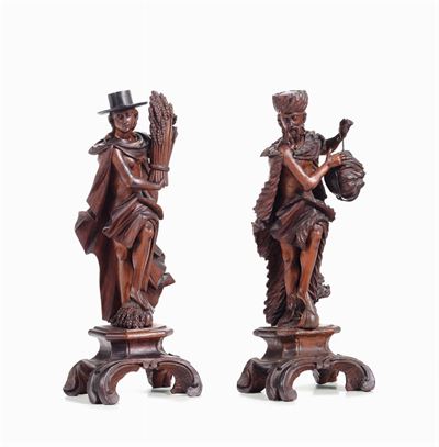 Coppia di Statuine in Legno Intagliato Raffigurnati Allegorie, Venezia XVIII Secolo