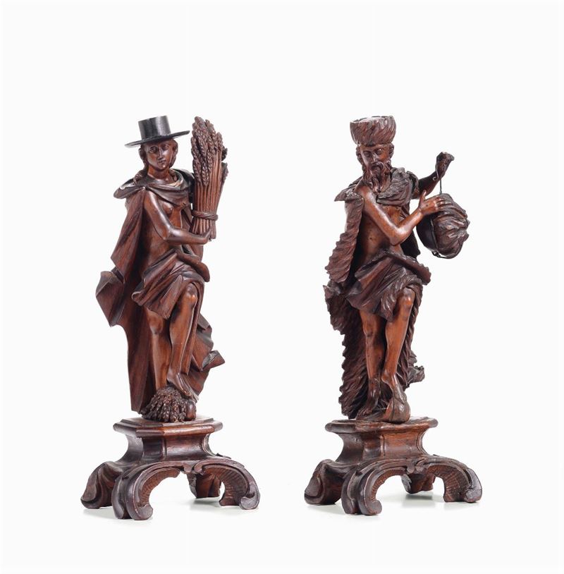 Coppia di statuine in legno intagliato raffigurnati allegorie, Venezia XVIII secolo  - Auction Fine art - II - Cambi Casa d'Aste