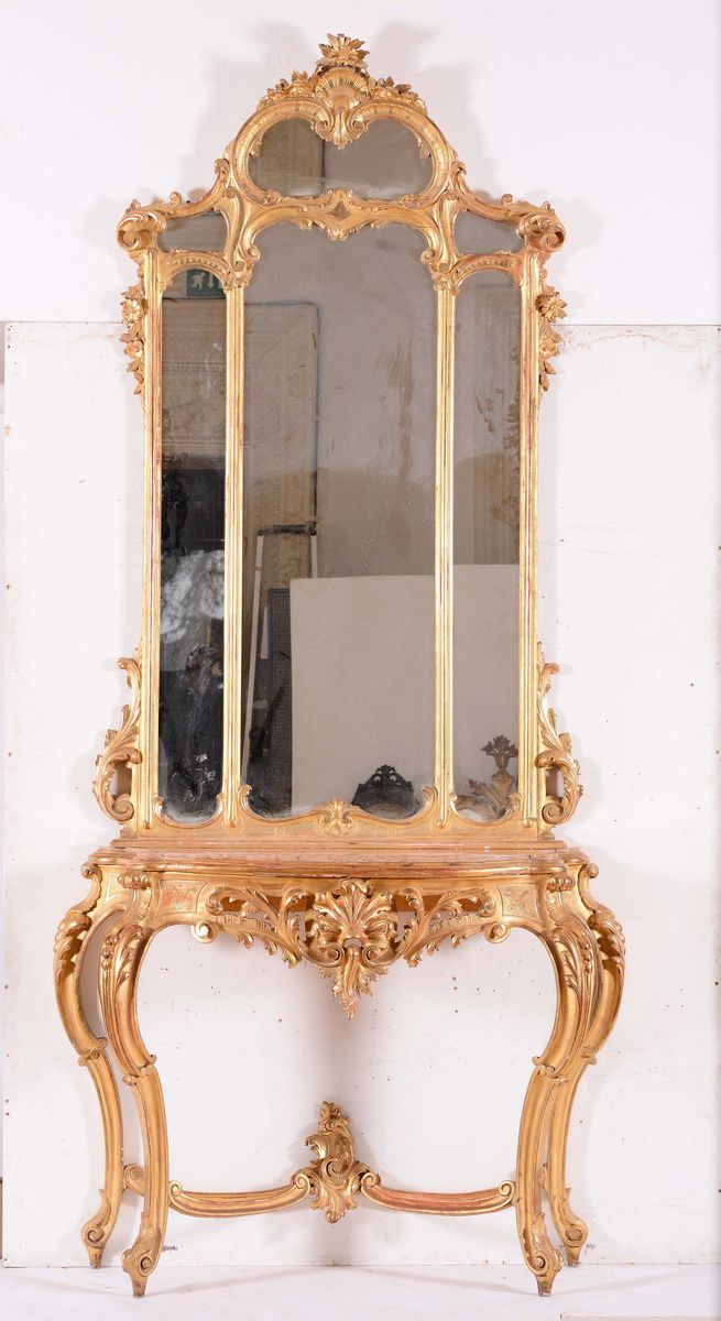 Consolle con specchiera in legno intagliato e dorato, XIX secolo  - Auction Fine art - II - Cambi Casa d'Aste