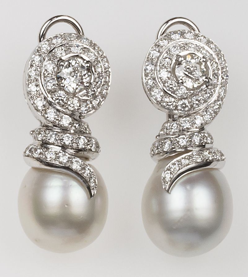 Orecchini con diamanti di vecchio taglio e perle Australia  - Auction Jewels - Timed Auction - Cambi Casa d'Aste