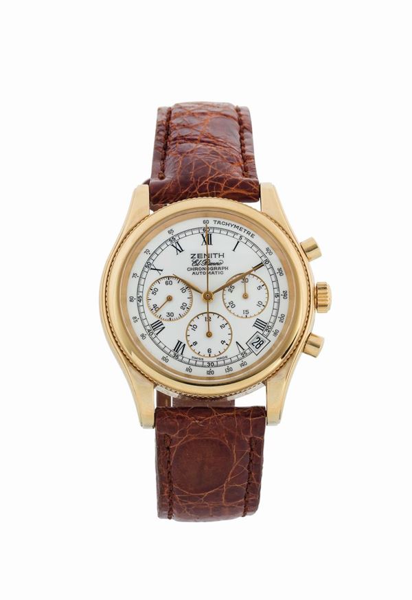 ZENITH, El Primero Chronograph Automatic, stainless steel and gold plated chronograph wristwatch with date, tachometer and an original gold plated buckle. Made circa 1990