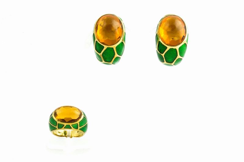 Fasano. Parure composta da anello ed orecchini con quarzo citrino e smalto verde  - Auction Vintage, Jewels and Bijoux - Cambi Casa d'Aste