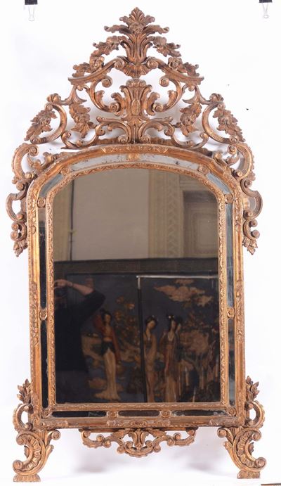 Grande Specchiera in Legno Intagliato ed Interamente Dorato, Italia XVIII-XIX Secolo