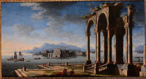 Gennaro Greco (Napoli 1665-1714) Capriccio architettonico con arco a tre fornici