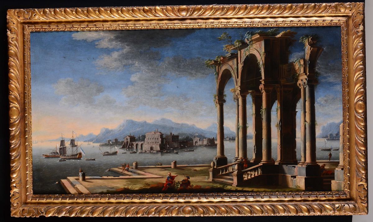 Gennaro Greco (napoli 1665-1714)capriccio Architettonico con Arco a Tre Fornici