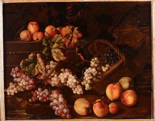 Giuseppe Ruoppolo (Napoli 1631-1710) Natura morta di pesche e uva e un cestello di vimini