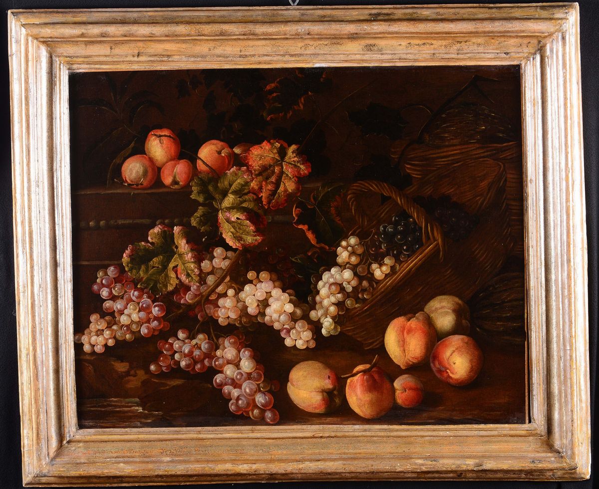 Giuseppe Ruoppolo (napoli 1631-1710)natura Morta di Pesche e Uva e un Cestello di Vimini