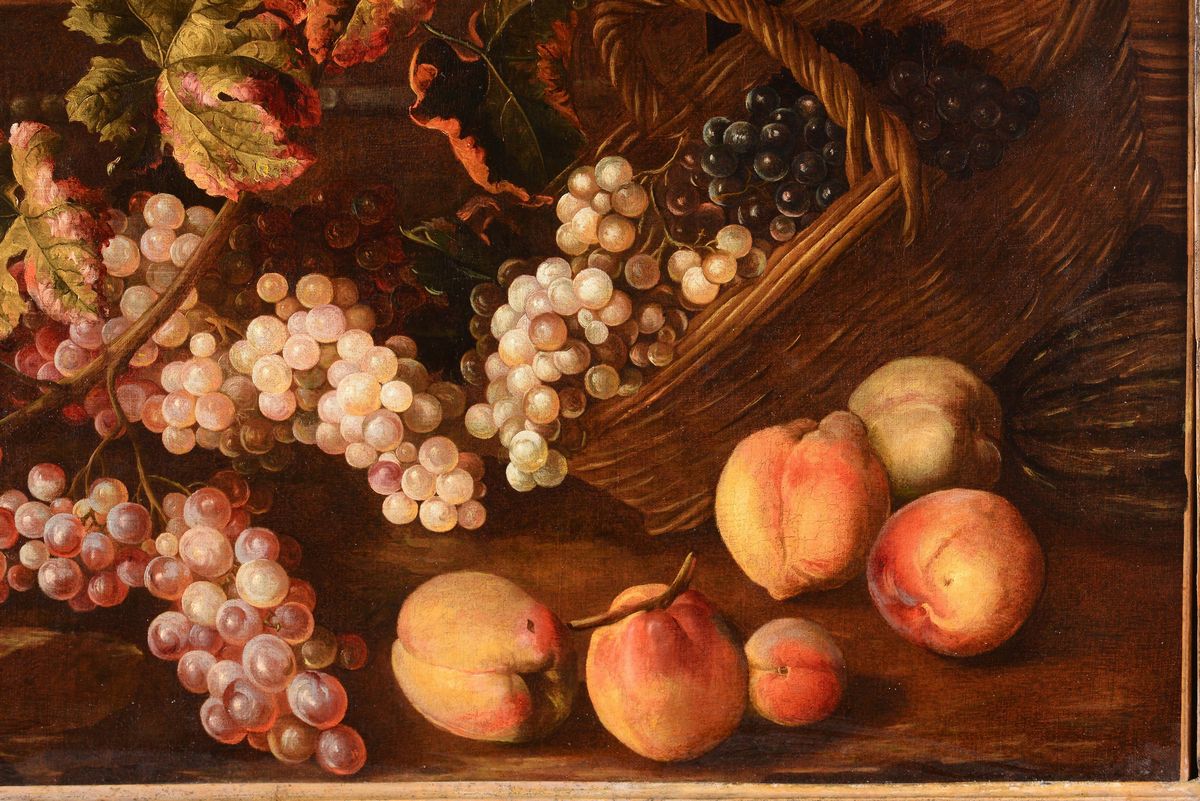 Giuseppe Ruoppolo (napoli 1631-1710)natura Morta di Pesche e Uva e un Cestello di Vimini