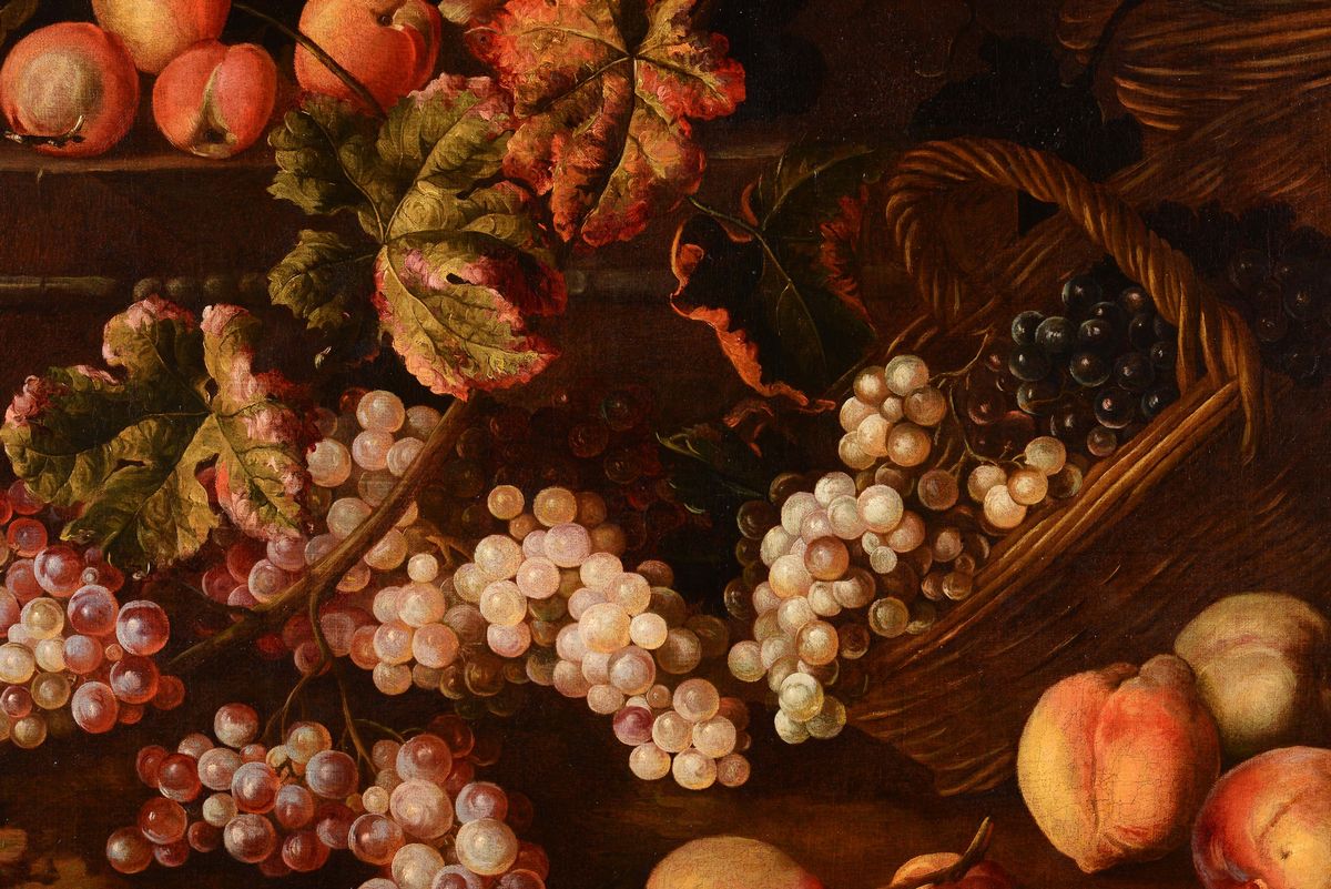 Giuseppe Ruoppolo (napoli 1631-1710)natura Morta di Pesche e Uva e un Cestello di Vimini