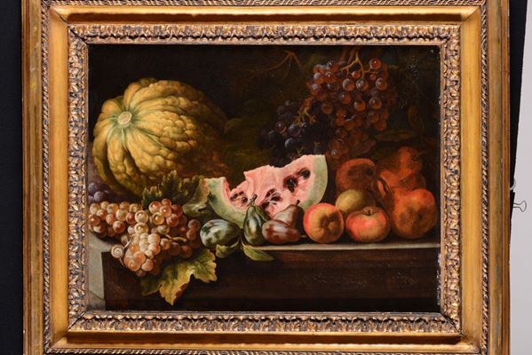 Giuseppe Ruoppolo (Napoli 1631-1710), attribuito a Natura morta di frutta, zucca e anguria