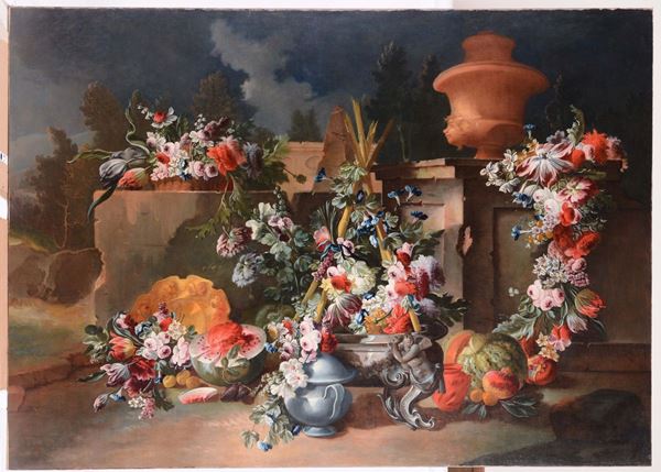 Michele Antonio Rapous (Torino 1733-1819) Parco con cascate e trionfi di fiori,  frutta, bacile, vasi ed architetture da giardino