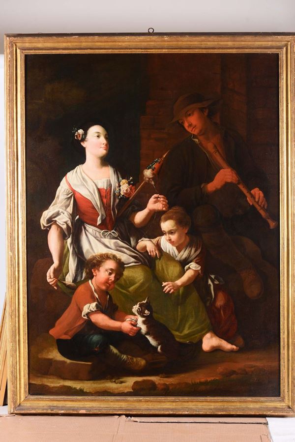 Giuseppe Gambarini (Bologna 1680 - Casalecchio di Reno 1725), attribuiti a Scene popolari con donna che cuce, due bambini e un uomo