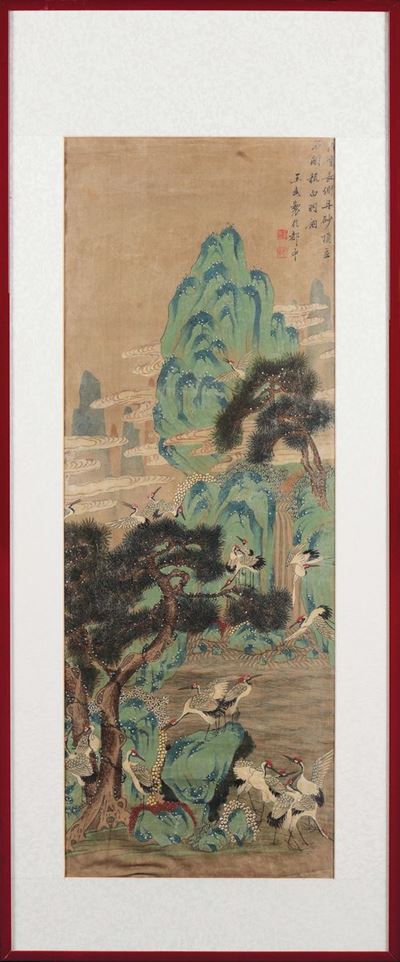 Quattro Dipinti su Carta con Iscrizioni Raffiguranti Paesaggi con Gru e Villaggi, Cina, Dinastia ...