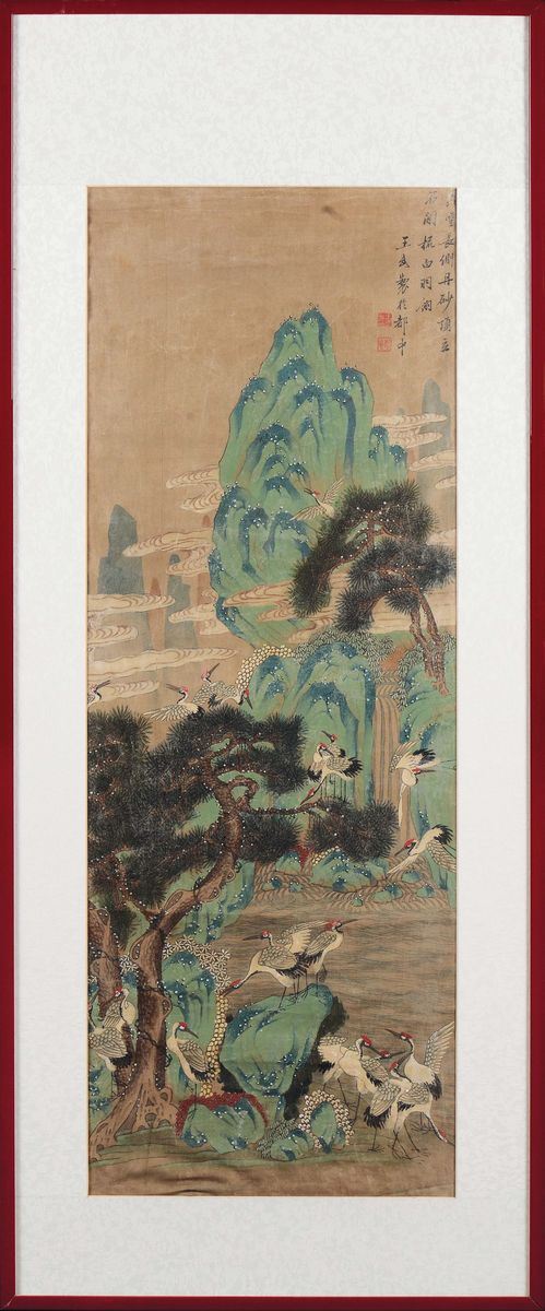 Quattro dipinti su carta con iscrizioni raffiguranti paesaggi con gru e villaggi, Cina, Dinastia Qing, XIX secolo
