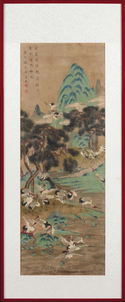 Quattro Dipinti su Carta con Iscrizioni Raffiguranti Paesaggi con Gru e Villaggi, Cina, Dinastia ...
