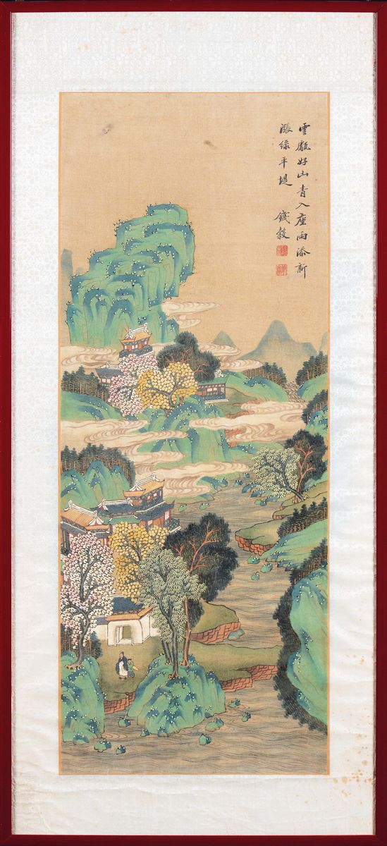 Quattro Dipinti su Carta con Iscrizioni Raffiguranti Paesaggi con Gru e Villaggi, Cina, Dinastia ...