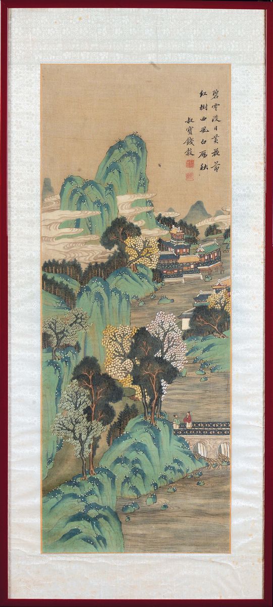 Quattro Dipinti su Carta con Iscrizioni Raffiguranti Paesaggi con Gru e Villaggi, Cina, Dinastia ...
