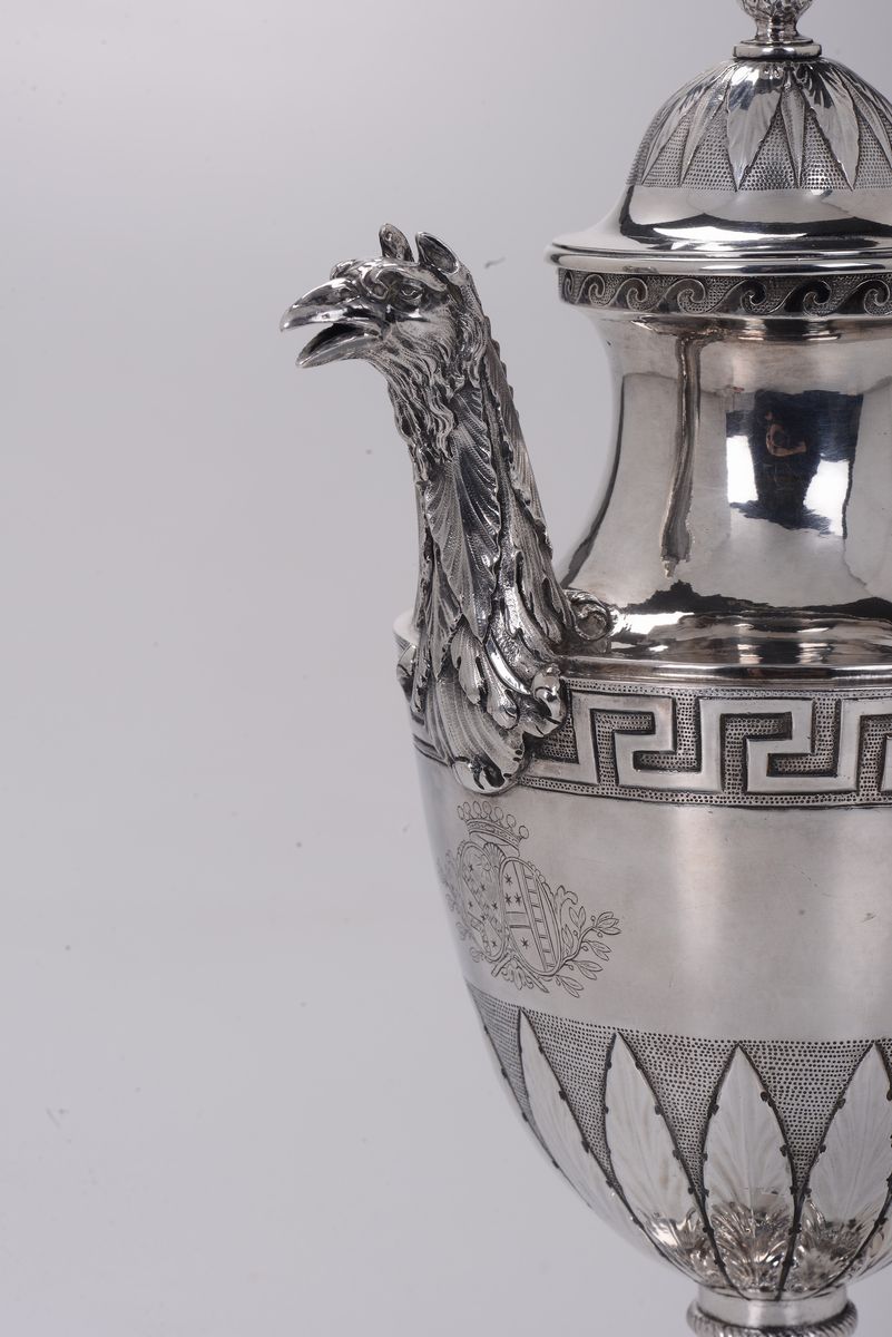 Caffettiera in Argento Sbalzato, Cesellato e Inciso con Manico in Legno, Roma, Fine XVIII Secolo,...