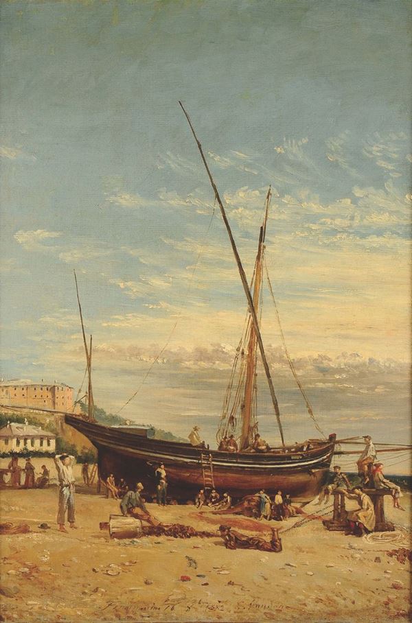 G. Vandone Finalborgo, barca in secca sulla spiaggia, 1882