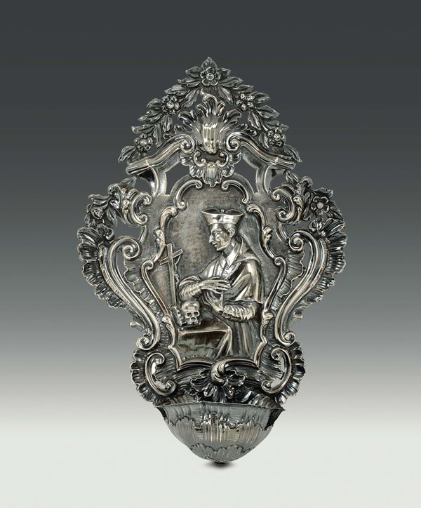 A holy water font in embossed and chiselled silver, Genova, Torretta stamp for the year 1778