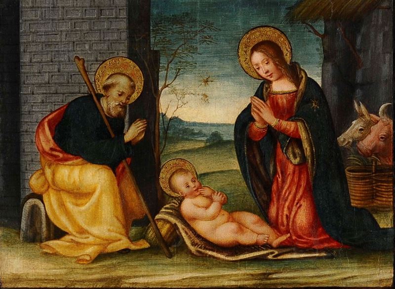 Raffaello Botticini (Firenze 1477 - 1525), attribuito a L'Adorazione del Bambino  - Asta Dipinti Antichi - I - Cambi Casa d'Aste