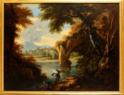 Andrea Locatelli (roma 1695 - 1741)paesaggio Laziale Boschivo con Tobiolo e L’angelo