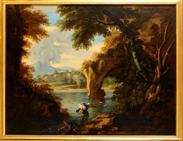 Andrea Locatelli (Roma 1695 - 1741) Paesaggio laziale boschivo con Tobiolo e l’angelo