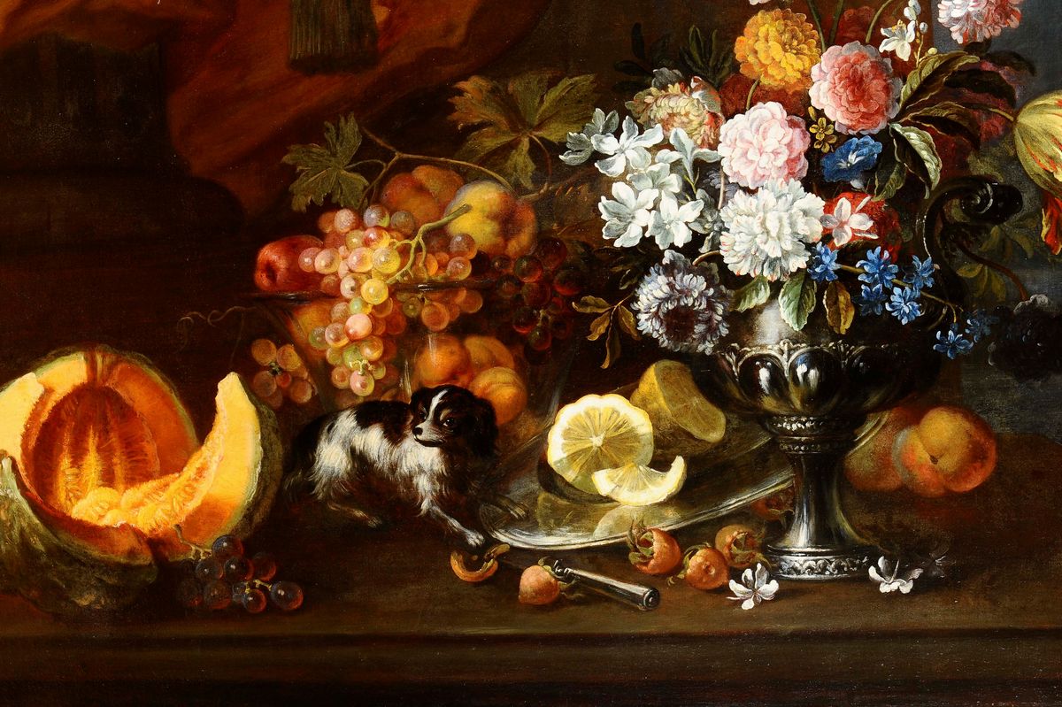Maximilian Pfeiler (praga 1683-1701)natura Morta con Cagnolino e Limoni