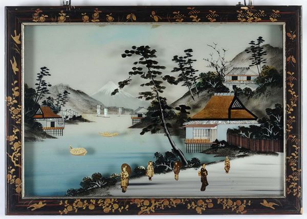 Coppia di dipinti su vetro con paesaggi, Giappone XX secolo
