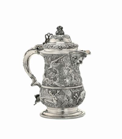 Tankard in Argento Sterling Fuso, Sbalzato e Cesellato, Londra, 1760, Argentiere William Grundy