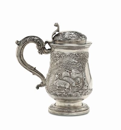 Tankard in Argento Sterling Fuso, Sbalzato e Cesellato, Londra, 1841, Argentiere Bs