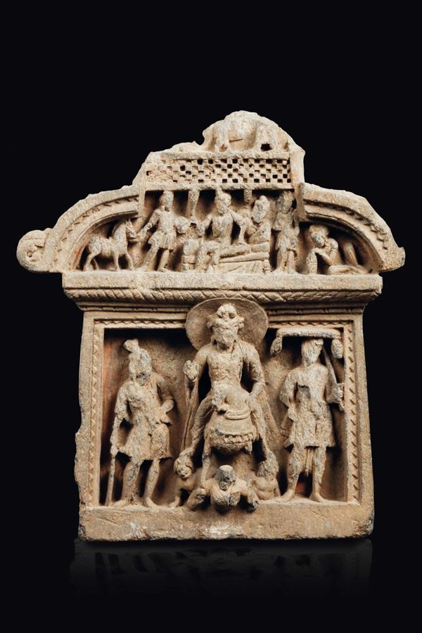 A schist narrative panel with Buddha escpaing from the palace, Gandhara, 2nd/3rd century