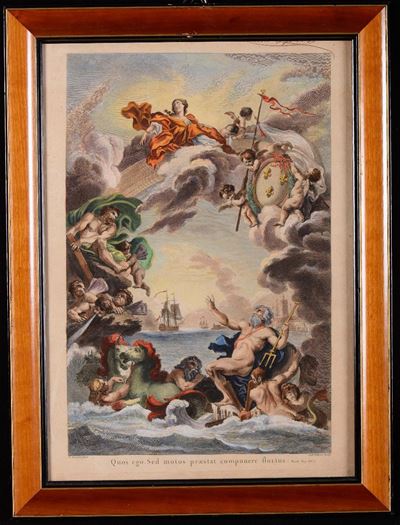 Incisione Acquarellata Raffigurante Episodio Dell'eneide Nettuno che Placa i Venti