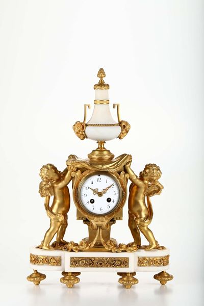 Orologio da Tavolo in Marmo Bianco e Bronzo Dorato, Francia XIX Secolo