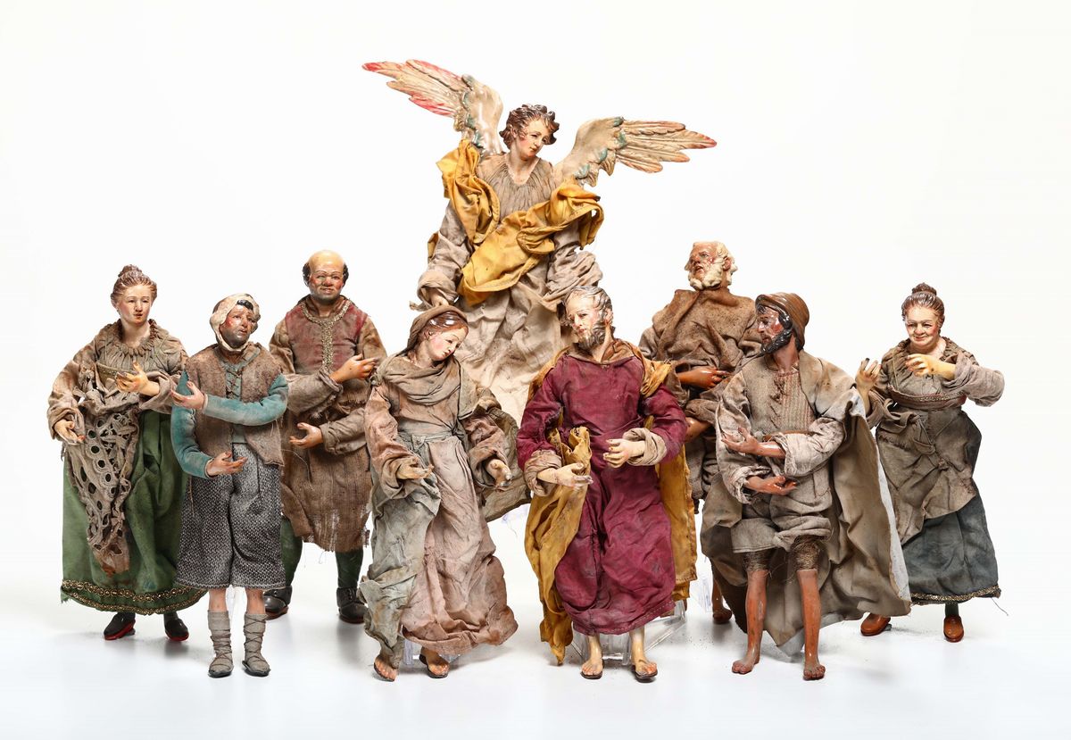 Presepe Napoletano con Teste e Arti in Terracotta e Corpo in Stoffa