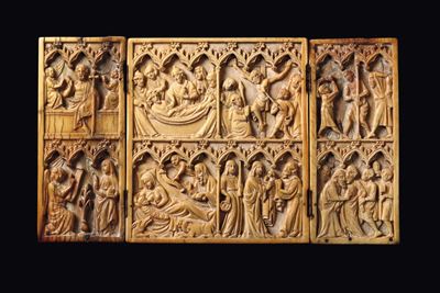 Trittico in Avorio Scolpito, Atelier Gotico D'oltralpe del XIV Secolo