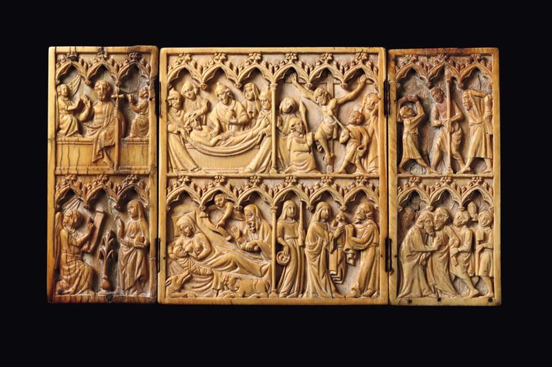 Trittico in avorio scolpito, atelier gotico d'oltralpe del XIV secolo  - Asta Scultura e Oggetti d'Arte - Cambi Casa d'Aste