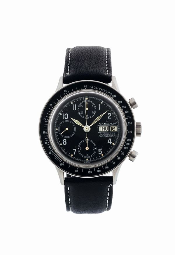 HAMILTON, Automatic, Chronograph, Ref. 9367, orologio da polso, in acciaio, con giorno/data e scala tachimetrica. Realizzato circa nel 1980.