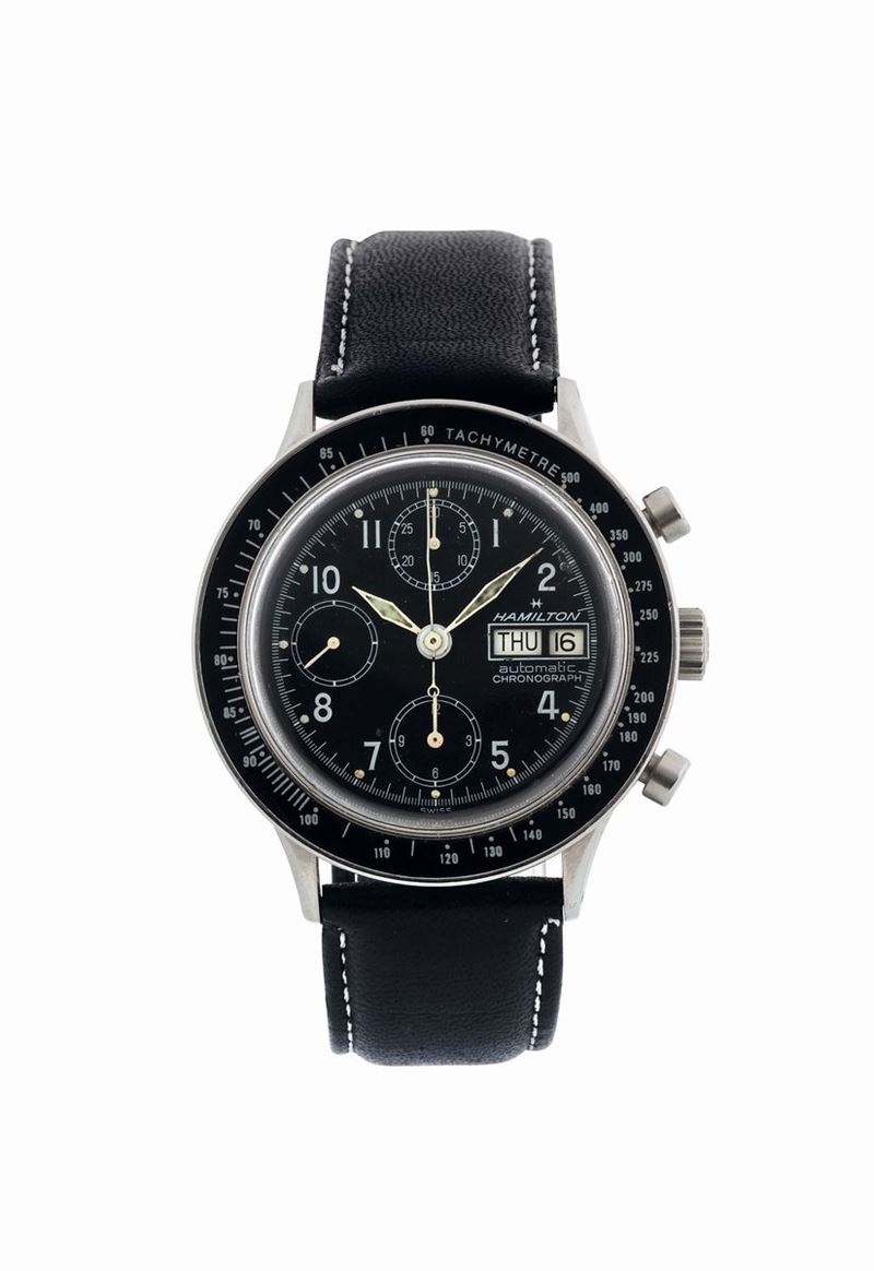 HAMILTON, Automatic, Chronograph, Ref. 9367, stainless steel cjronograph wristwatch  with day-date and tachometer. Made circa 1980  - Auction Watches and Pocket Watches - Cambi Casa d'Aste