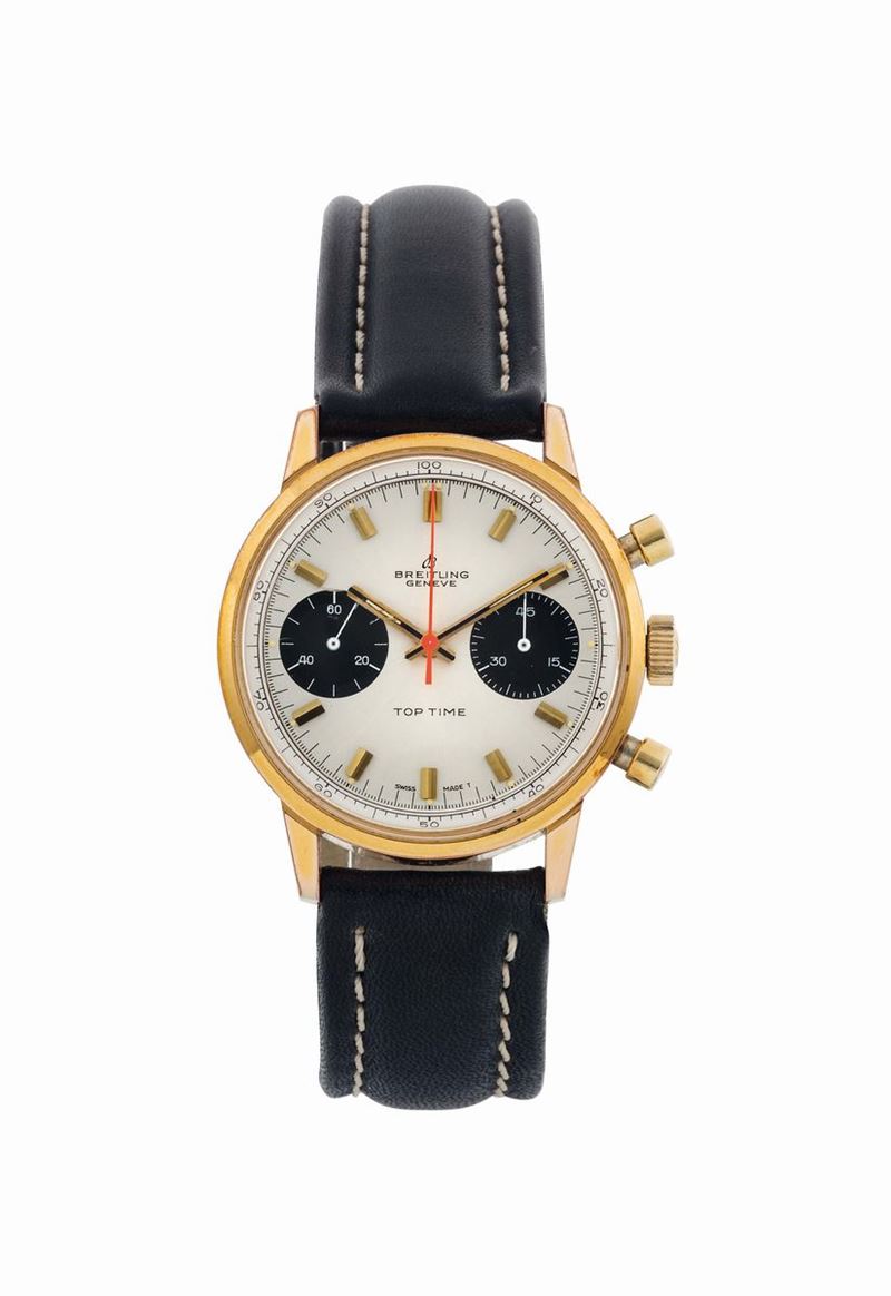 BREITLING,  TOP TIME CHRONOGRAPH,  PANDA DIAL,  Ref. 2000-33. Fine, water resistant, anti-magnetic, stainless steel  and gold plated wristwatch with round button chronograph, register and a steel original buckle.  Made circa 1960  - Auction Watches and Pocket Watches - Cambi Casa d'Aste