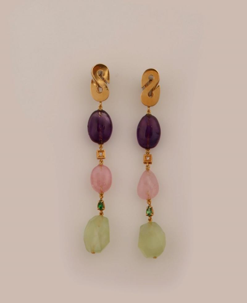 Orecchini pendenti con ametista, quarzo rosa e prehnite  - Auction Vintage, Jewels and Bijoux - Cambi Casa d'Aste