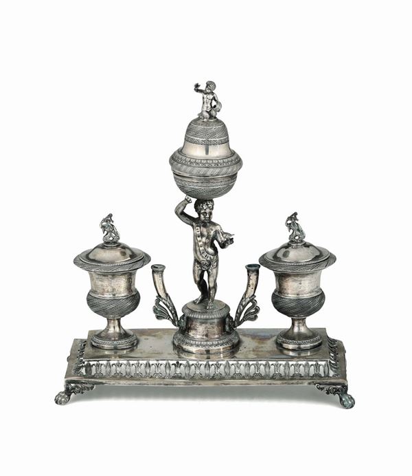 An inkwell in embossed, chiselled and molten silver, Milan, 19th century, stamps from the Guarantee Office and unidentified silversmith's mark