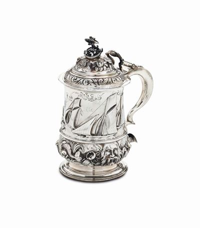 Tankard in Argento Fuso, Sbalzato e Cesellato, Inghilterra XVIII Secolo, Newcaste 1753