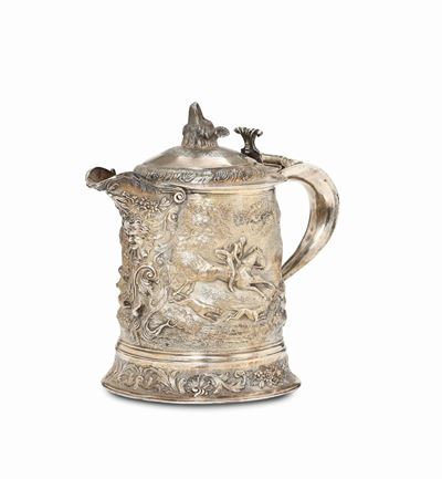 Grande Tankard in Argento Fuso, Sbalzato, Cesellato e Dorato, Inghilterra XIX-XX Secolo (bolli di...