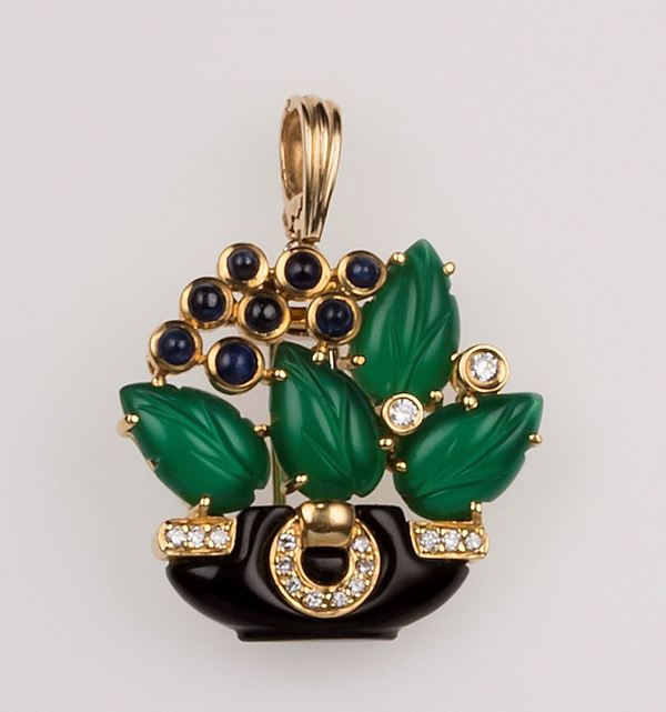 Agate, onix, diamond and sapphire pendant/brooch. Cartier