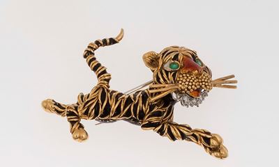 Frascarolo. Spilla Tigre con Smalti Policromi, Smeraldi e Diamanti