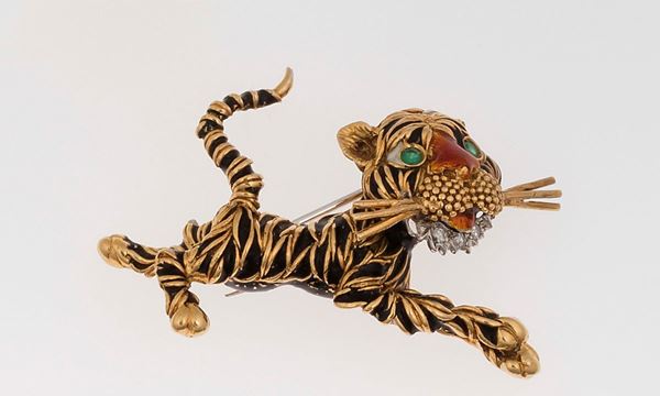 Enamel and diamond Tiger brooch. Frascarolo