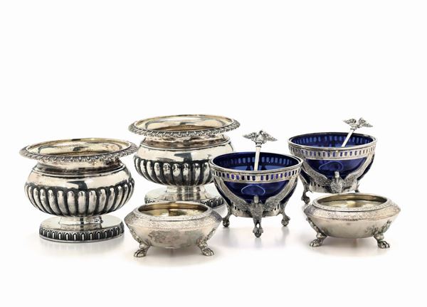 Three pairs of salt cellars and mustard bowls: one pair with a vase-shaped decorated body, London 1807; one pair with two circulars and beast feet, London 20th century; one pair with a stand in the shape of a pellican and a perforated edge, cobalt blue glass, Germany 19th or 20th century